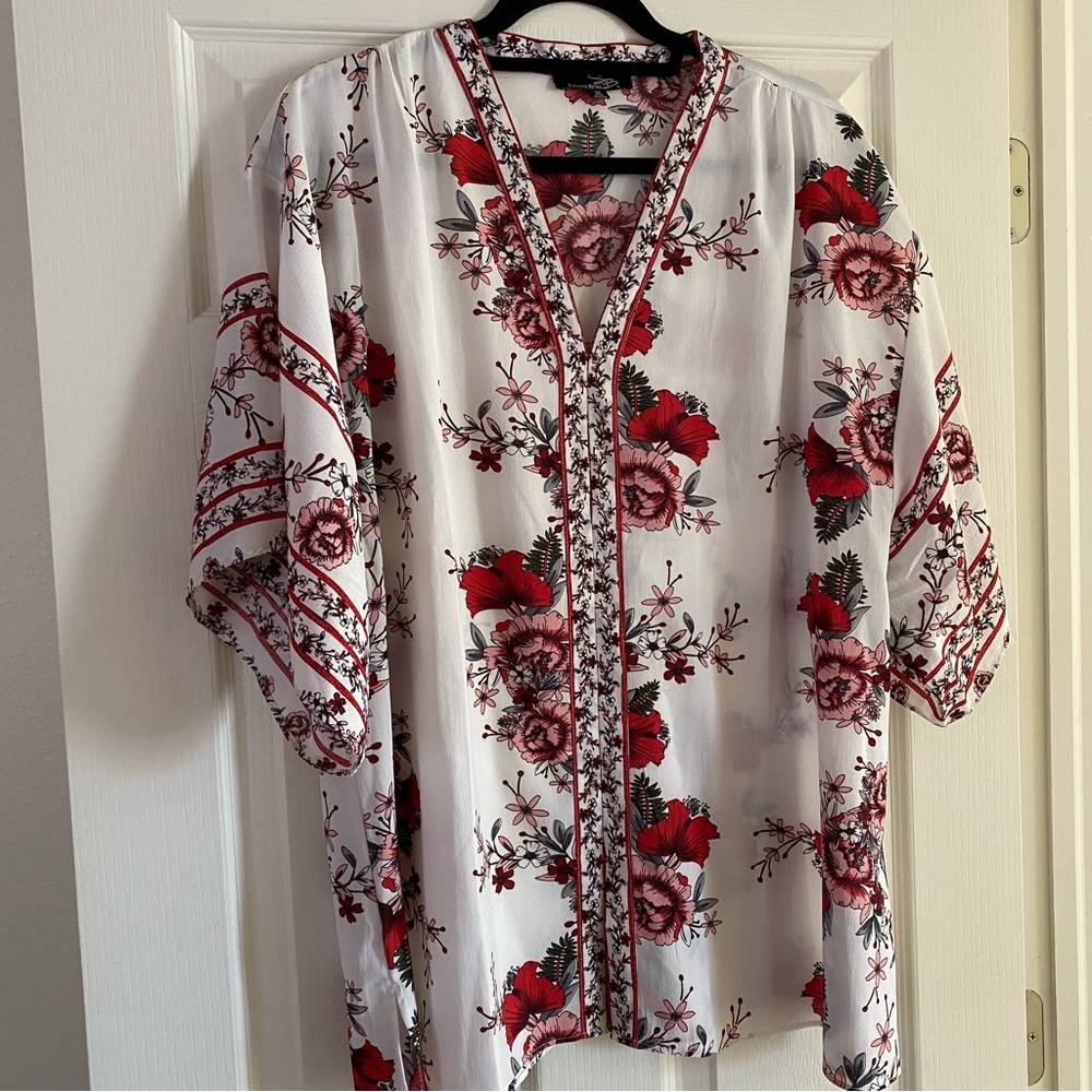Kimono Style Blouse - Floral - 1X